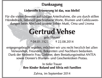 Traueranzeige von Gertrud Vehse von Super Sonntag Wittenberg
