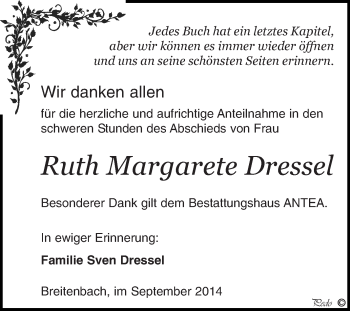 Traueranzeige von Ruth Margarete Dressel von Super Sonntag Zeitz