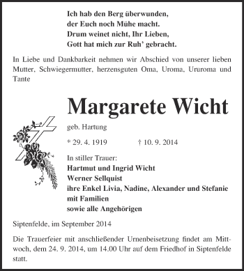 Traueranzeige von Margarete Wicht von WVG - Wochenspiegel Quedlinburg