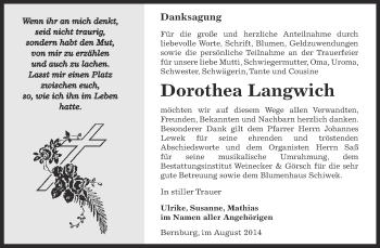Traueranzeige von Dorothea Langwich von Super Sonntag Bernburg