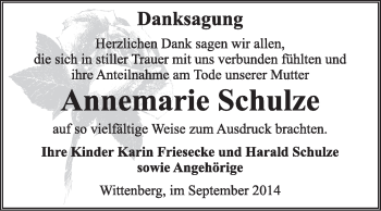 Traueranzeige von Annemarie Schulze von Super Sonntag Wittenberg