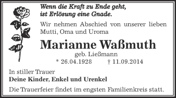 Traueranzeige von Marianne Waßmuth von WVG - Wochenspiegel Dessau / Köthen