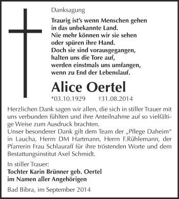 Traueranzeige von Alice Oertel von WVG - Wochenspiegel NMB / WSF / ZTZ