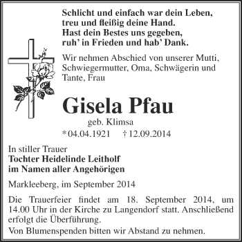 Traueranzeige von Gisela Pfau von WVG - Wochenspiegel NMB / WSF / ZTZ