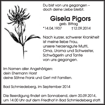 Traueranzeige von Gisela Pigors von WVG - Wochenspiegel Wittenberg