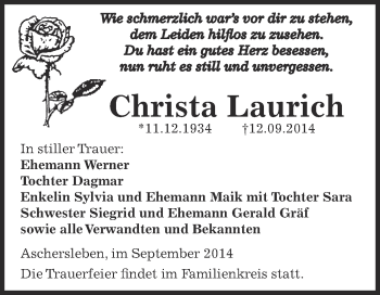 Traueranzeige von Christa Laurich von WVG - Wochenspiegel Aschersleben