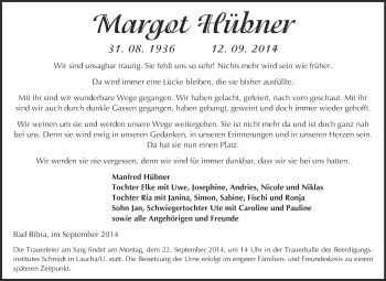 Traueranzeige von Margot Hübner von WVG - Wochenspiegel NMB / WSF / ZTZ