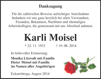 Traueranzeige von Karli Moisel von WVG - Wochenspiegel NMB / WSF / ZTZ