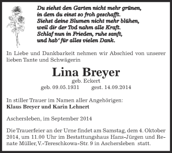 Traueranzeige von Lina Breyer von WVG - Wochenspiegel Aschersleben