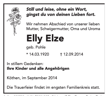 Traueranzeige von Elly Elze von Super Sonntag Dessau / Köthen