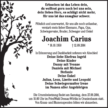 Traueranzeige von Joachim Carius von Super Sonntag Dessau / Köthen