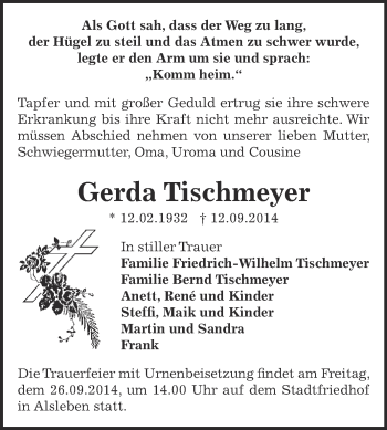 Traueranzeige von Gerda Tischmeyer von Super Sonntag Bernburg