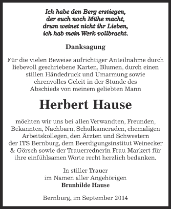 Traueranzeige von Herbert Hause von Super Sonntag Bernburg