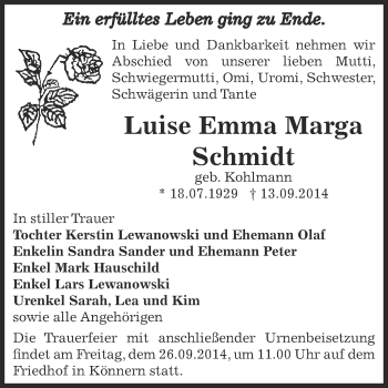 Traueranzeige von Luise Emma Marga Schmidt von Super Sonntag Bernburg