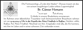 Traueranzeige von Günter Homann von Super Sonntag Dessau / Köthen