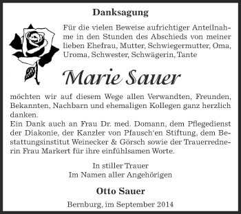 Traueranzeige von Marie Sauer von Super Sonntag Bernburg