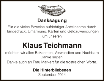 Traueranzeige von Klaus Teichmann von Super Sonntag Bernburg