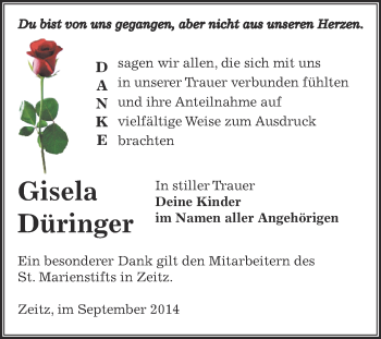 Traueranzeige von Gisela Düringer von Super Sonntag Zeitz