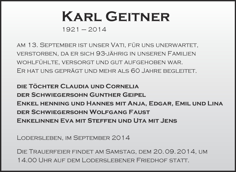  Traueranzeige für Karl Geitner vom 17.09.2014 aus WVG - Wochenspiegel Merseburg