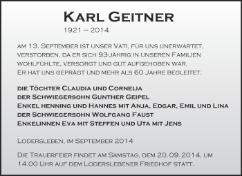 Traueranzeige von Karl Geitner von WVG - Wochenspiegel Merseburg