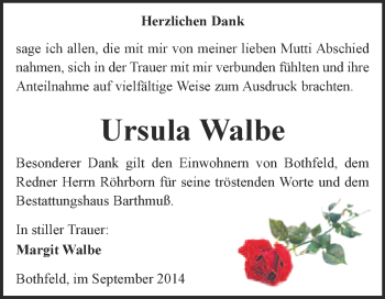 Traueranzeige von Ursula Walbe von WVG - Wochenspiegel Merseburg