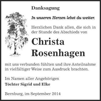 Traueranzeige von Christa Rosenhagen von Super Sonntag Bernburg