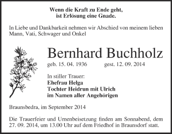 Traueranzeige von Bernhard Buchholz von WVG - Wochenspiegel Merseburg
