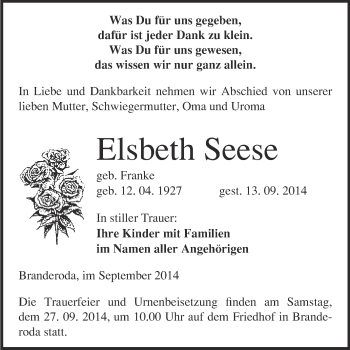 Traueranzeige von Elsbeth Seese von WVG - Wochenspiegel Merseburg