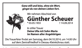 Traueranzeige von Günther Scheuer von Super Sonntag Dessau / Köthen