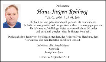 Traueranzeige von Hans-Jürgen Rehberg von Super Sonntag SGH Mansf. Land
