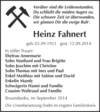 Traueranzeige von Heinz Fahnert von WVG - Wochenspiegel Merseburg