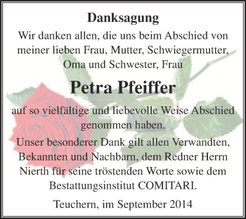 Traueranzeige von Petra Pfeiffer von WVG - Wochenspiegel NMB / WSF / ZTZ