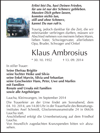Traueranzeige von Klaus Ambrosius von WVG - Wochenspiegel NMB / WSF / ZTZ