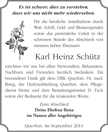 Traueranzeige von Karl Heinz Schütz von WVG - Wochenspiegel Merseburg
