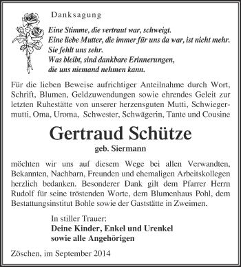 Traueranzeige von Gertraud Schütze von Super Sonntag Merseburg