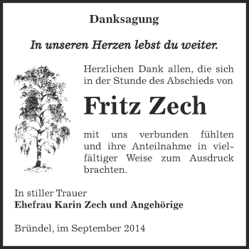 Traueranzeige von Fritz Zech von Super Sonntag Bernburg