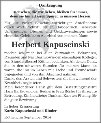 Traueranzeige von Herbert Kapuscinski von WVG - Wochenspiegel Dessau / Köthen