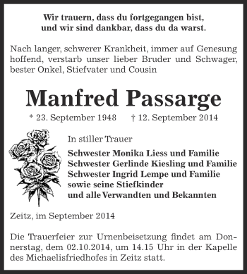 Traueranzeige von Manfred Passarge von Super Sonntag Zeitz