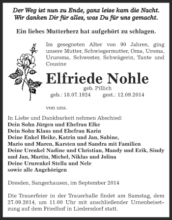 Traueranzeige von Elfriede Nohle von Super Sonntag SGH Mansf. Land