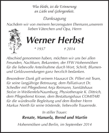 Traueranzeige von Werner Herbst von WVG - Wochenspiegel NMB / WSF / ZTZ