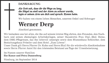 Traueranzeige von Werner Derp von Super Sonntag Bernburg