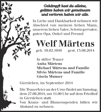 Traueranzeige von Welf Märtens von Super Sonntag Aschersleben