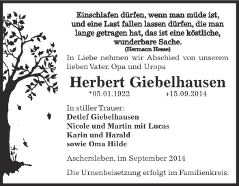 Traueranzeige von Herbert Giebelhausen von Super Sonntag Aschersleben