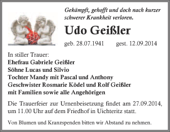 Traueranzeige von Udo Geißler von WVG - Wochenspiegel NMB / WSF / ZTZ