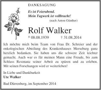 Traueranzeige von Rolf Walker von Super Sonntag Merseburg