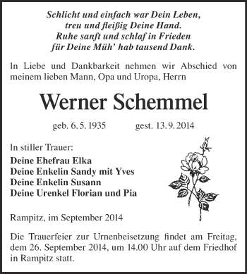 Traueranzeige von Werner Schemmel von Super Sonntag Merseburg