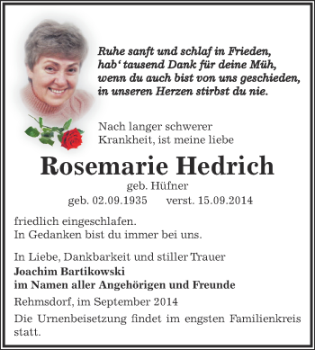 Traueranzeige von Rosemarie Hedrich von Super Sonntag Zeitz