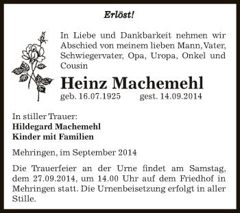 Traueranzeige von Heinz Machemehl von Super Sonntag Aschersleben