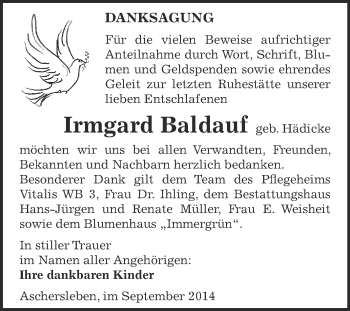 Traueranzeige von Irmgard Baldauf von Super Sonntag Aschersleben