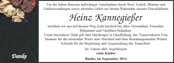 Traueranzeige von Heinz Kannegießer von WVG - Wochenspiegel Quedlinburg